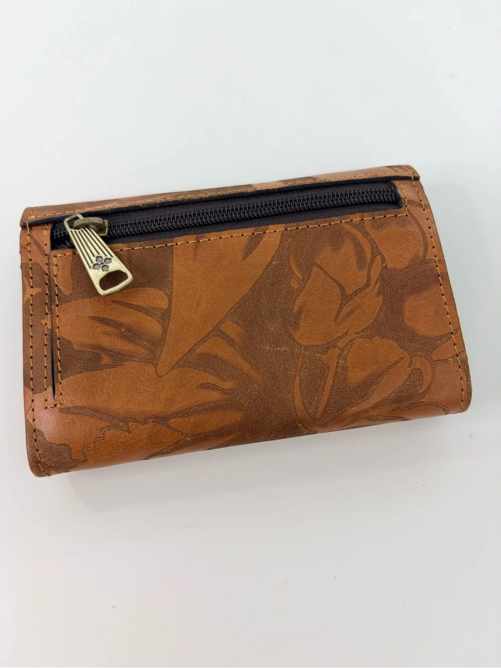 PATRICIA NASH CAMETTI Leather Trifold Wallet Clutch brown tan tooled embossed